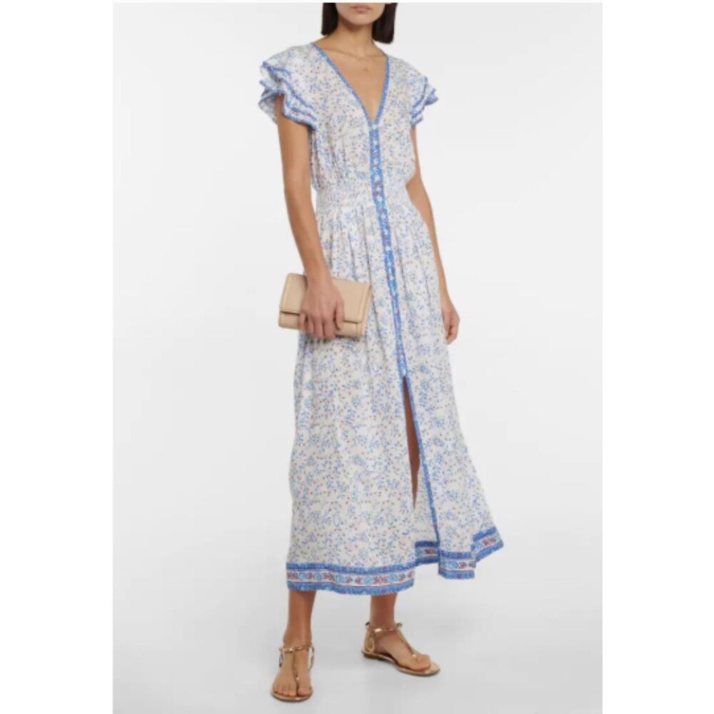 Poupette St Barth Della Blue Cerise Floral Smocked Midi Dress White Ruffle Small